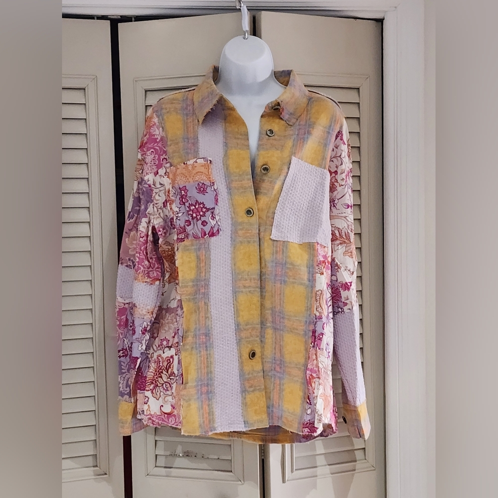 POL Printed Button Down Long Sleeve Exposed Seam Shacket M NWOT - Picture 5 of 12